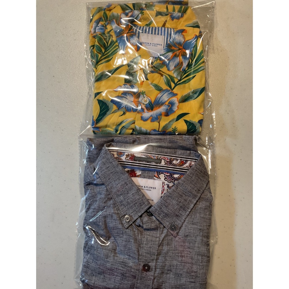 Denim & Flower Ricky Singh Mens Shirts Lot of 2 Floral Hawaiian Grey Textured M
